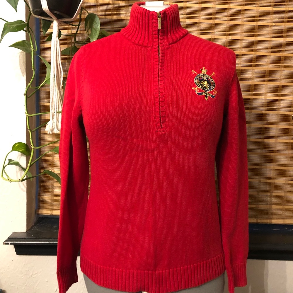 Ralph Lauren 1/4 Zip Red sweater, with embroidered Crest. Sz Medium Men (Unisex)